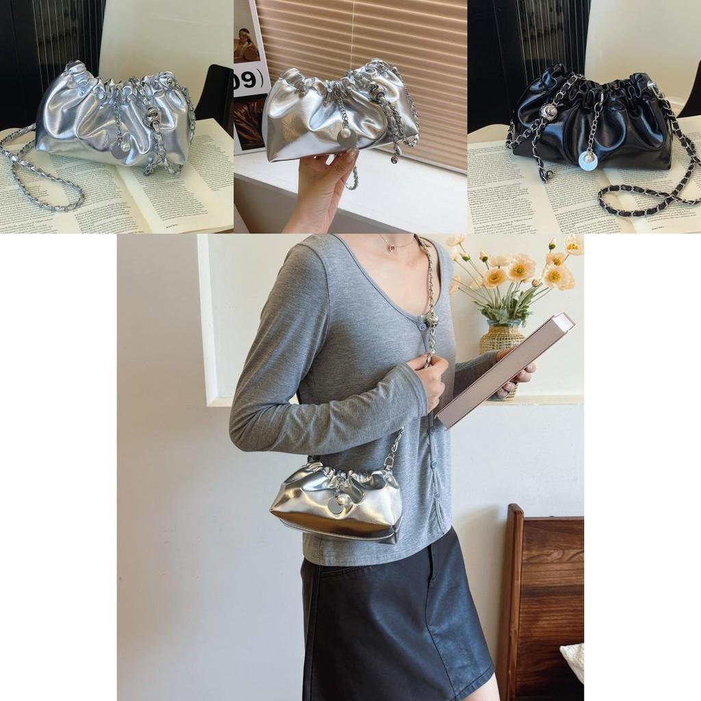 Fashionable Black And Silver Pu Bucket Bag For Ladies With Chic Ruffled Design