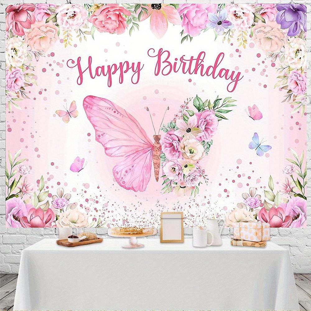 1 Piece of Pink Butterfly Birthday Party Polyester Background Fabric - Floral and Butterfly Design Suitable for Girls' Parties