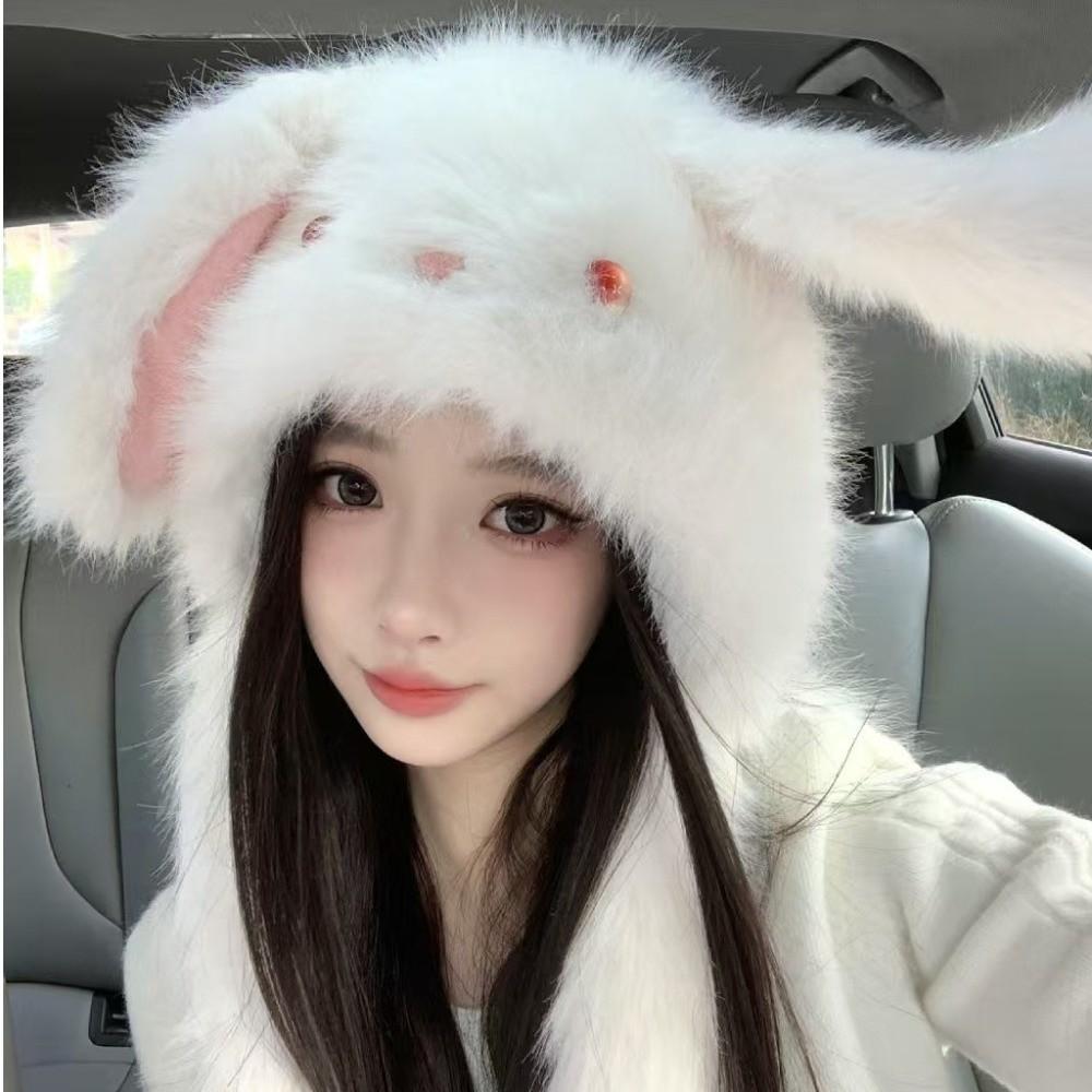 Ears Can Move Rabbit Ear Plush Cap Warm Beanies Hat Fashion Bomber Cap Women