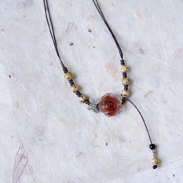 Retro Style Chinese Butterfly Clavicle Chain Adjustable Beaded Collar Chain Fashion Camellia Flower Ceramic Necklace