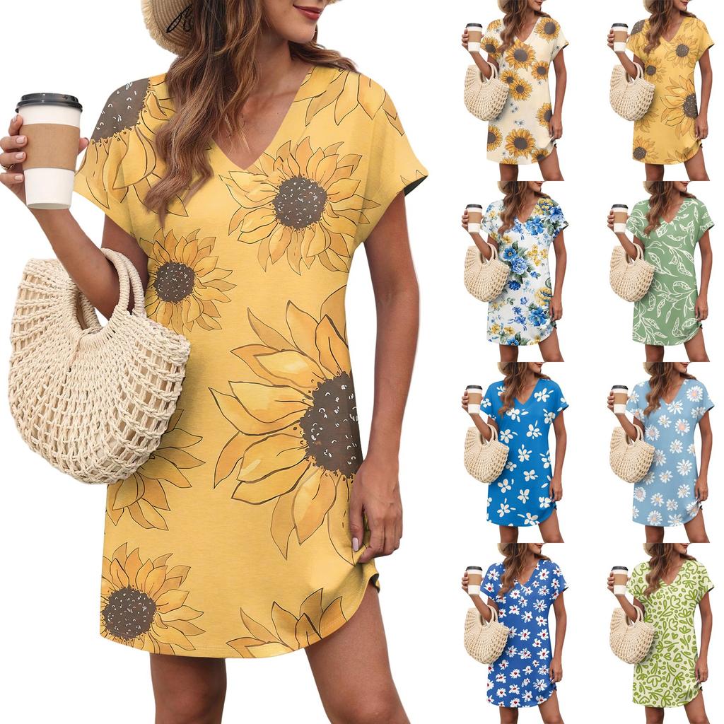 Women's Casual Fashion Sexy V-Neck Cap Sleeves Pocket Floral Dress
