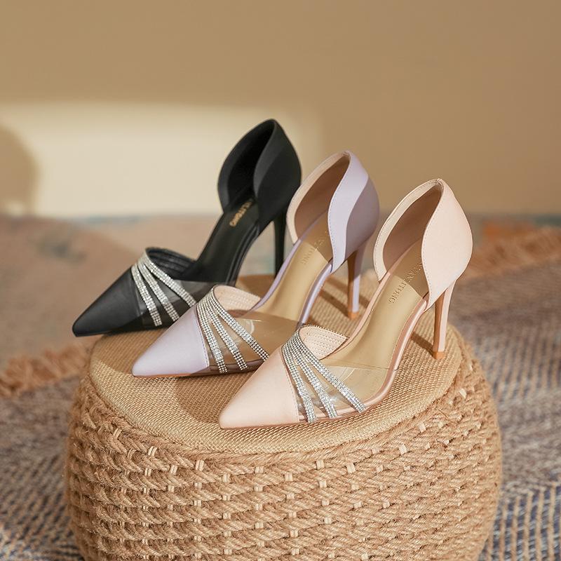 Side Empty Rhinestone Sandals Women's Versatile First Layer Sheepskin 2025 High Heels Women's Fine Heels High Sense Huizhou Women's Shoes Genuine Lea