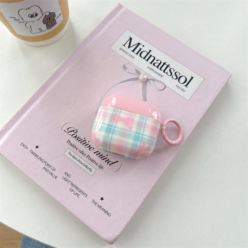 Korean Ins Contrasting Color Plaid Flower Suitable for Airpods4/pro3 Earphone Protective Case Cover Second and Third Generation Girl Heart