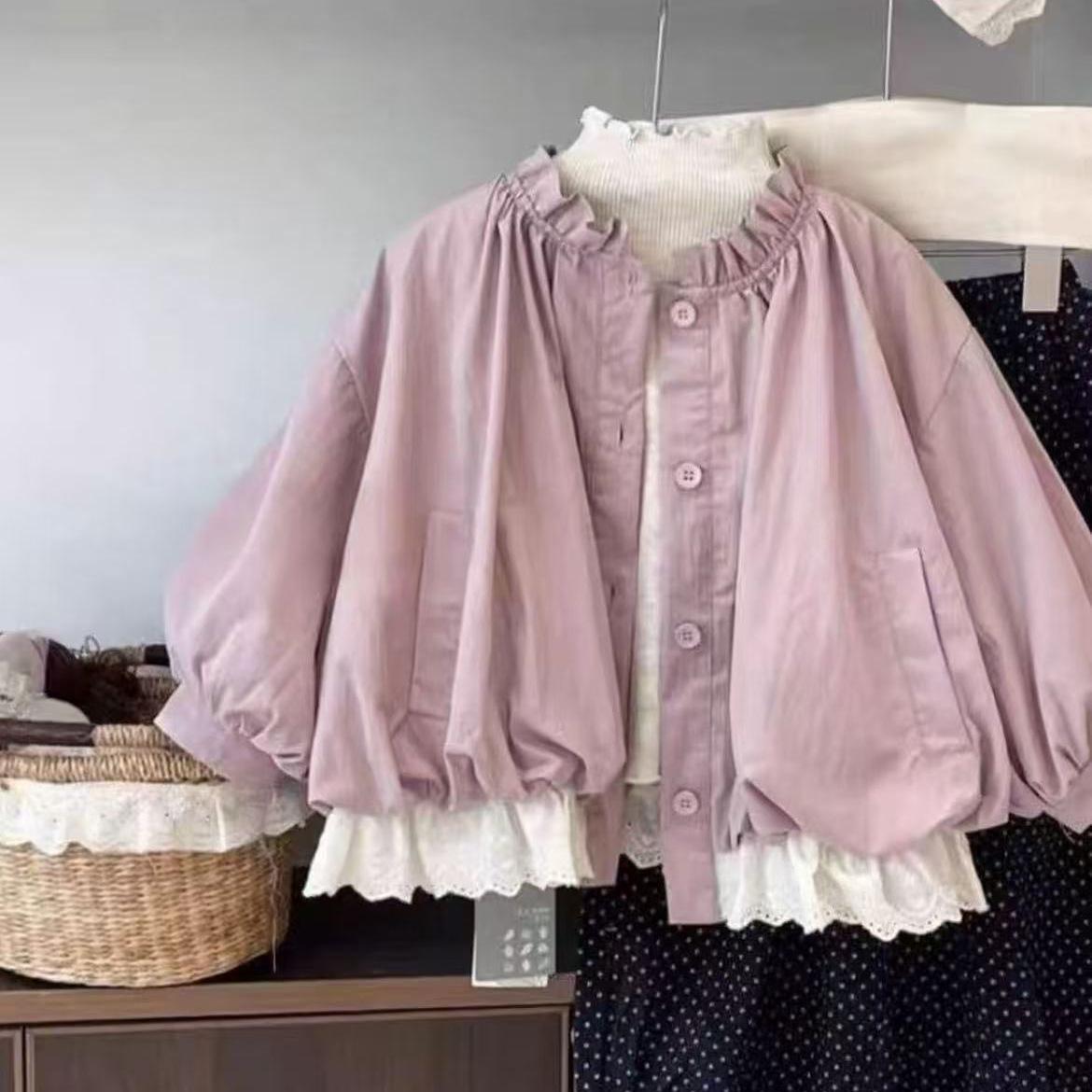 

Девичье корейское пальто-бутон с рукавами-фонариками - 2025 Весенне-осенняя детская мода, короткий плащ в стиле мори 130cm розовый