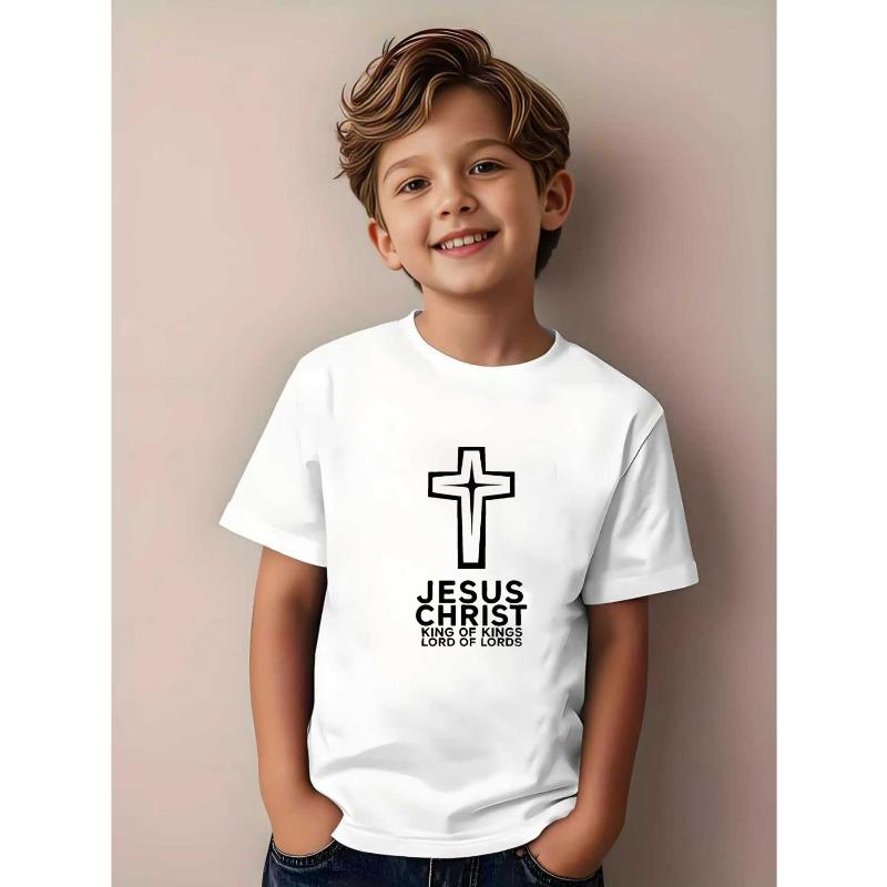 

European sizes Boys Jesus Christ Graphic T-Shirt - King of Kings Design, Bright Orange, Crew Neck, Summer Casual 164cm білий