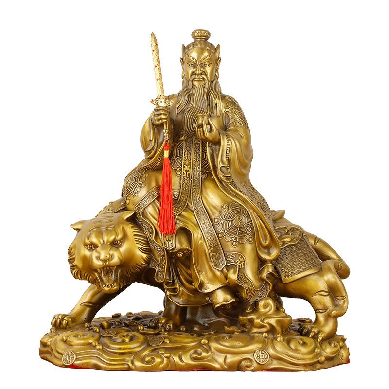 Brass Tiger-Riding Tianshi Longhoushan Sword-Holding Zhang Daoling Statue Craft Ornament