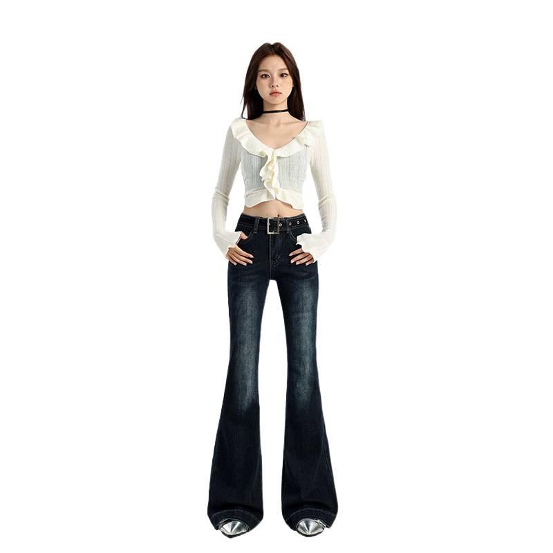 Women's Stretchy Blue-Gray Retro Micro-Flare Jeans with Belt