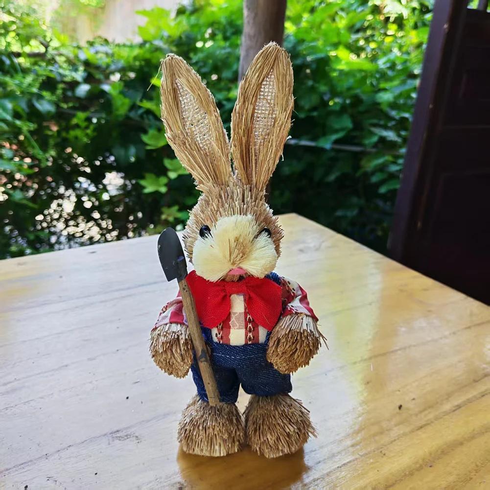 23cm Yard Party Home Easter Decor Woven Straw Bunny Rabbit Sculpture Statuette Easter Ornament
