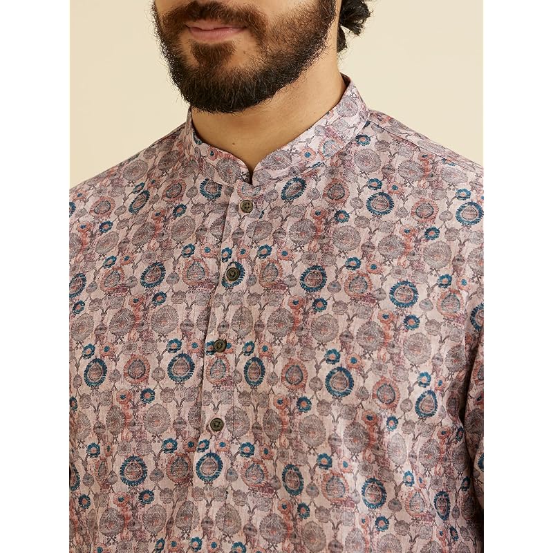 Manyavar Men s Cotton Blend Digital Print Short Kurta (Peach,L) L персиковый