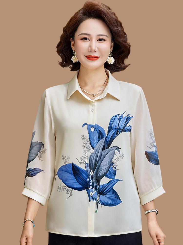 Spring Chiffon Blouse: Stylish Loose-Fit Top for Middle-Aged and Elderly Women