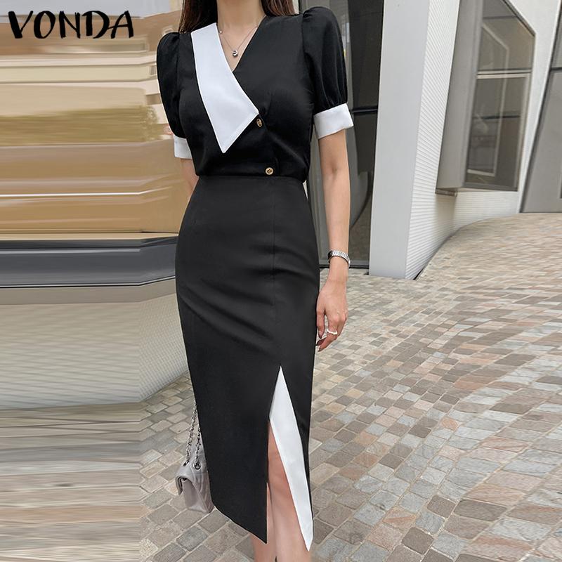 

VONDA весна-лето женские лоскутные цветные комплекты из 2 предметов с пышными рукавами, топы, длинные юбки