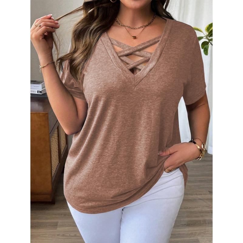 Summer Fashion Plus Women's V-neck T-shirt Solid Color Short Sleeved Sexy Top Shirt