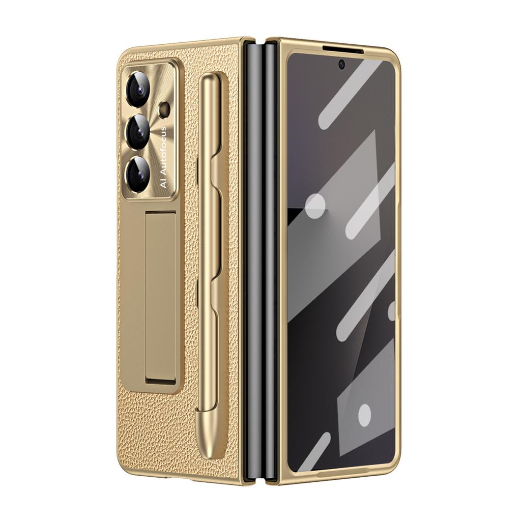For Samsung Galaxy Z Fold7 5G Case Kickstand Leather+PC Hard Phone Cover with Screen Film and Stylus