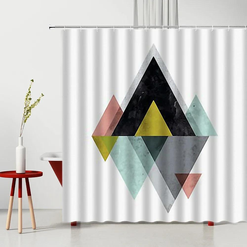 Modern 3D Geometry Shower Curtains Set Red Orange Grey Yellow Lattice Fabric Bathroom Accessories Black and Gray Bath Curtains