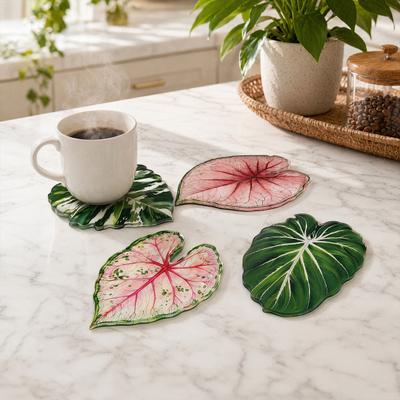 Acrylic Tropical Plant Coasters, Heat Resistant Non-Slip Drink Coasters, Easy Clean Leaf Shaped Pads for Coffee Table Desk Decor, Home Gift
