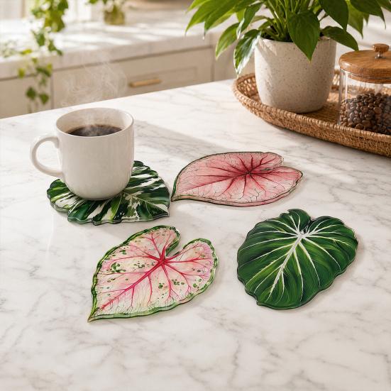Acrylic Tropical Plant Coasters, Heat Resistant Non-Slip Drink Coasters, Easy Clean Leaf Shaped Pads for Coffee Table Desk Decor, Home Gift