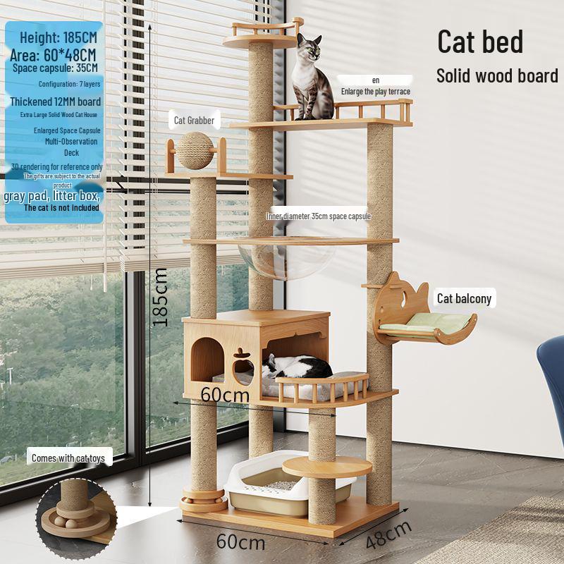 Large Solid Wood Cat Tree with Space Capsule, Plus Size Scratching Post & Board, Floor-to-Ceiling Multi-Season Toy, Wear-Resistant.