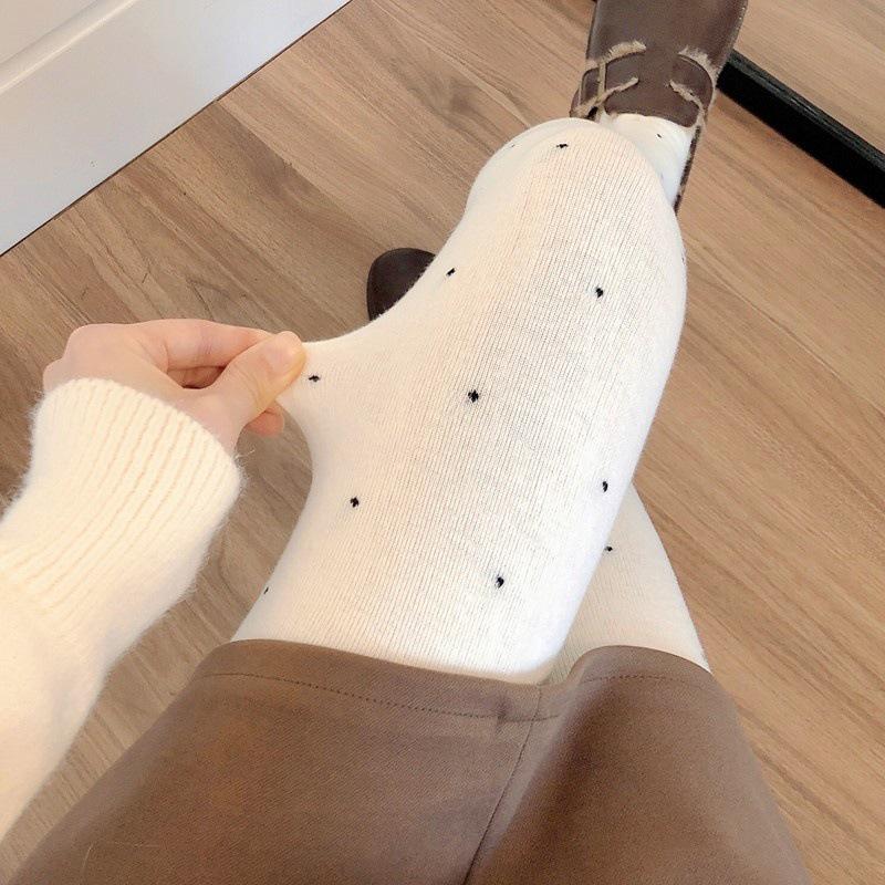 Meias Brancas de Espessura Média para Outono/Inverno & Collants de Bolinhas Cinza Fumo, Leggings Branco Leite Forradas em Algodão