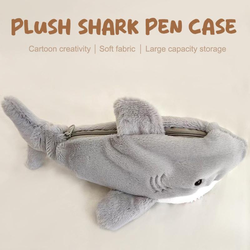Cute Plush Ocean Shark Pencil Case, Large Capacity Cosmetic Bag Pen Pouch, Portable Stationery Storage Box for School Office