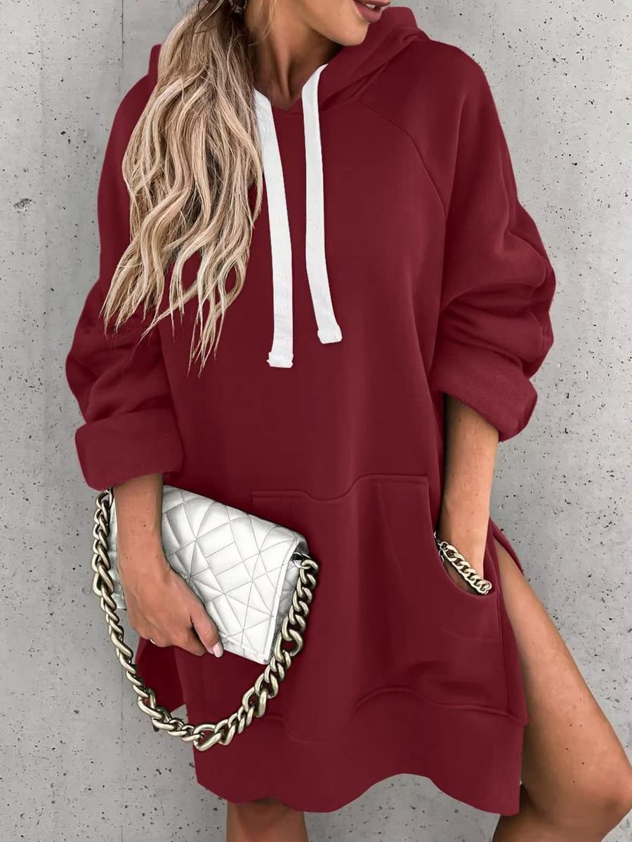 

Autumn Winter New Women s Solid Color Casual Hooded Sweatshirt with Drawstring and Fleece XXXL червоний