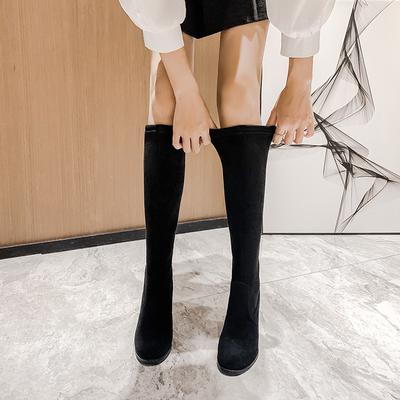 But Knee Elastic Boots Long Boots Women's Boots Long Tube Autumn and Winter High Heel Thick Heel Suede Round Head Long Tube Thin Boots