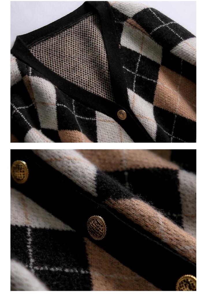 2025 Women's V-Neck Pure Wool Knit Cardigan – Autumn/Winter, Diamond Patchwork, Casual & Warm Sweater Coat