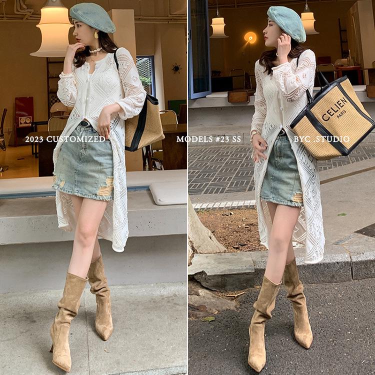 Song Xixi Apricot High Heel Slouch Cowboy Ankle Boots - Versatile Mid-Calf Stiletto for Women