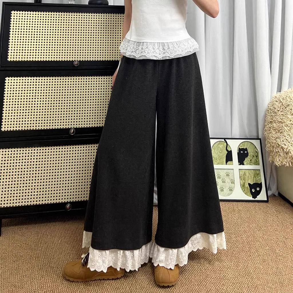 Plus Size Women's Elastic Waist Lace Ruffle Skirt Pants - Slimming, Loose, Wide-Leg, Versatile Fashion.
