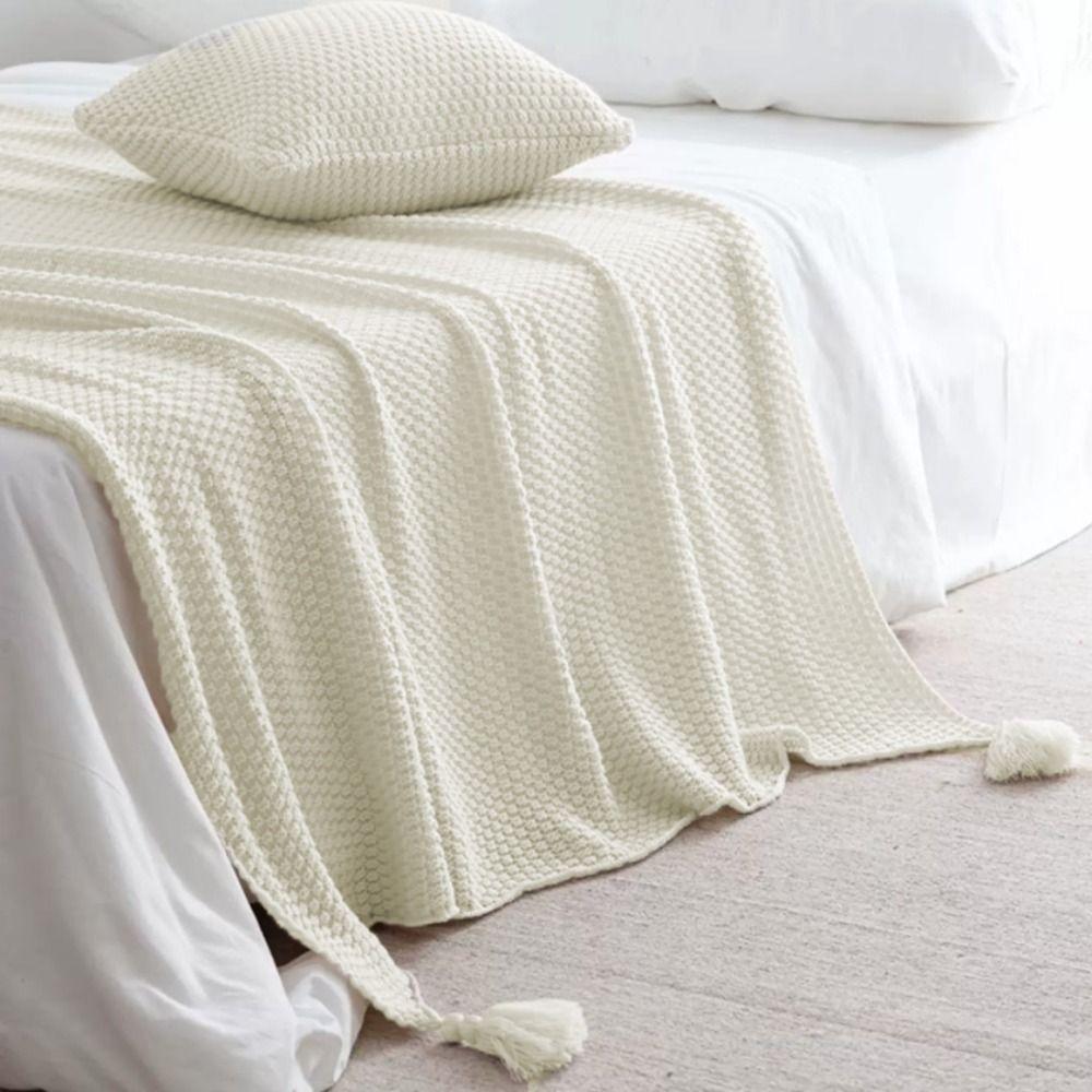 with Tassel Nordic Knitted Blanket Waffle Pattern Sofa Blanket Simple Nap Blanket  Air Condition