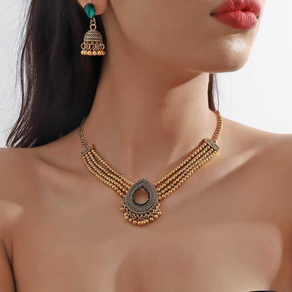 Luxury Retro Jewelry Set Imitation Pearl Choker Necklace Set Rhinestone Necklace Earrings  Ladies