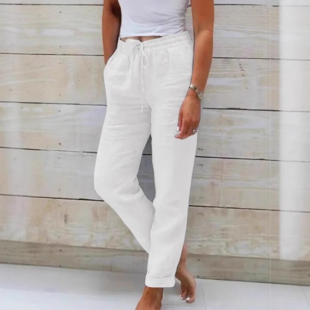 

Летние женские однотонные льняные прямые повседневные брюки с несколькими карманами, большие размеры, дышащие, удобные, свободные брюки на шнурке XL белый