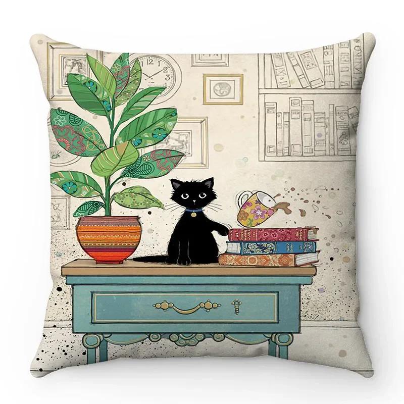 Retro black cat cartoon anime cat French decorative bedroom sofa seat car restaurant study room pillow sleeve pillowcase