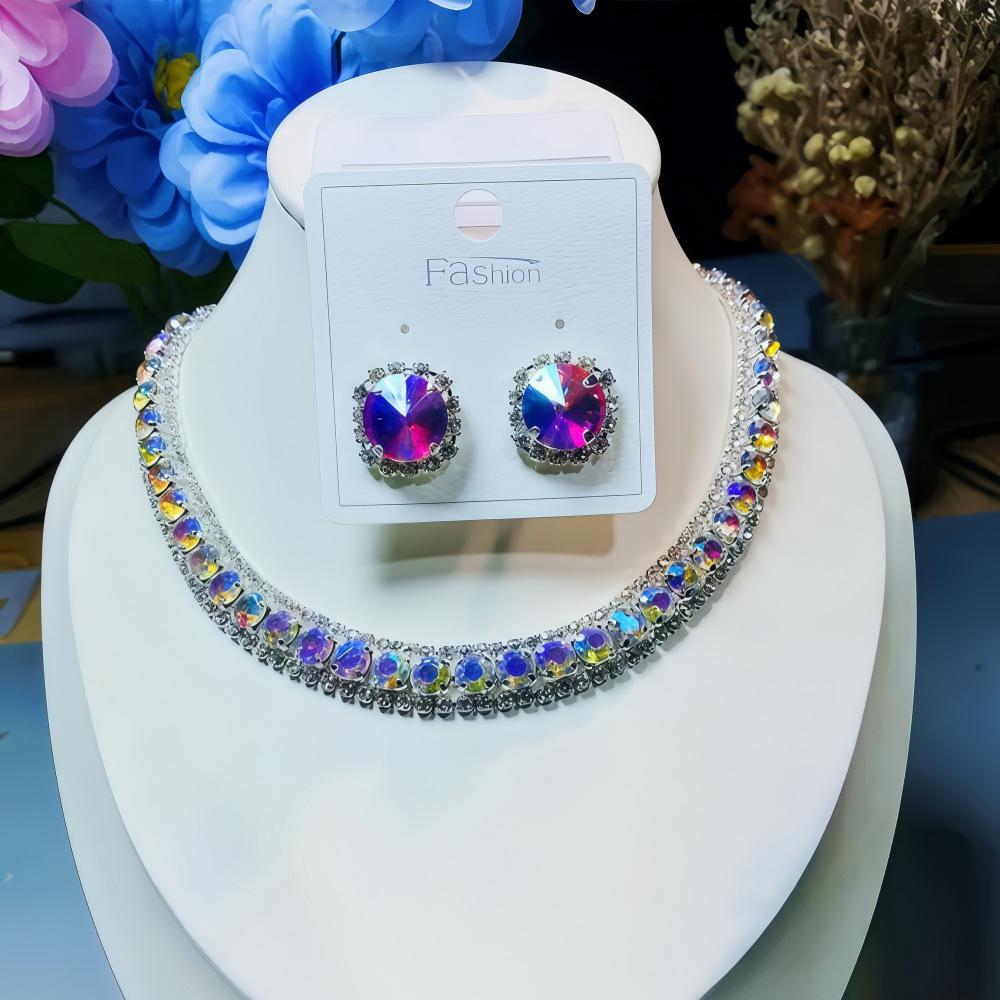 Diamond-Encrusted Square Stud Earrings Necklace Two-Piece Set Trendy High-End Elegant Earrings Niche Versatile Suit Women