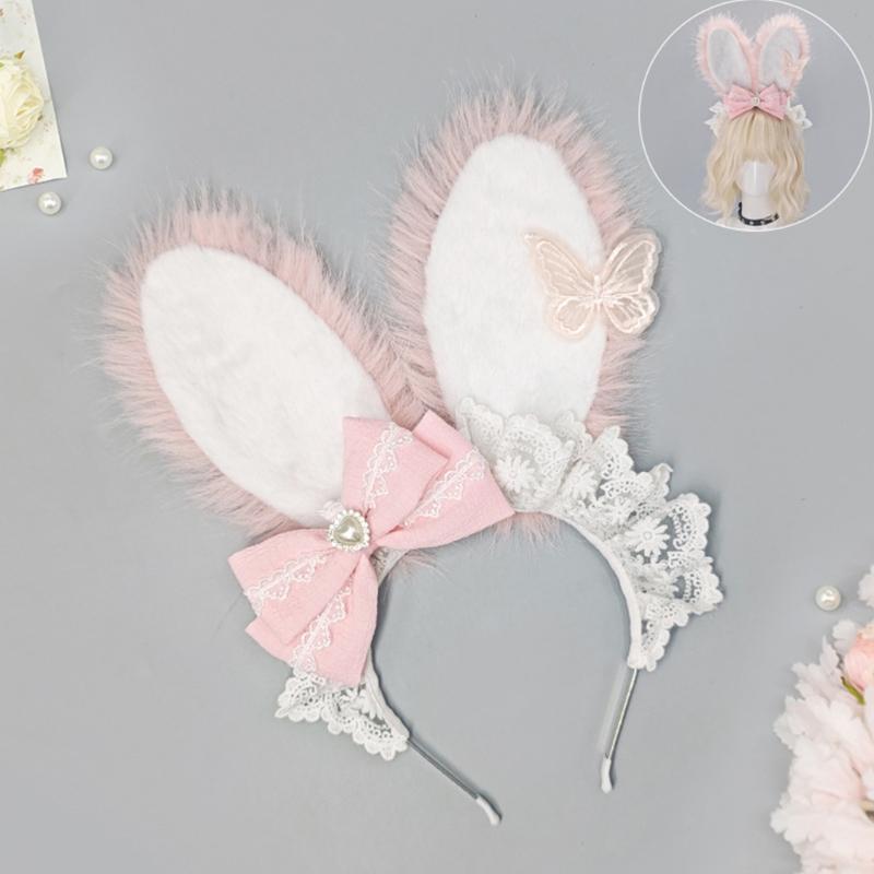 Plush Sweet Rabbit Ears Headband With Elegant Lace And Bowknot Detachable For Cosplay Party And Daily Wear