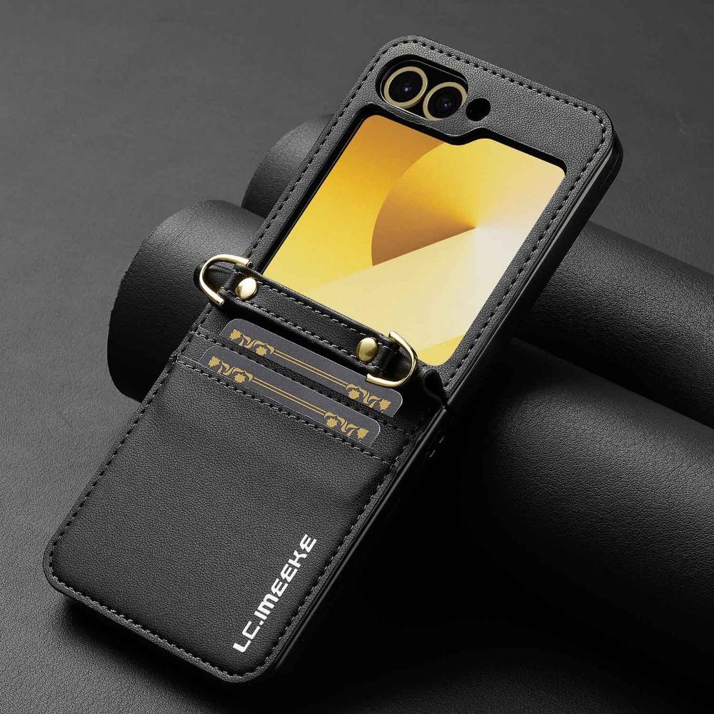 Long Strap Crossbody Leather Case for Samsung Galaxy Z Flip 6 ZFlip 5 4 3 Dual Card Holder Wallet Shockproof Cover with Lanyard