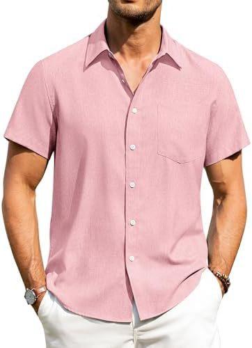 Alimens & Gentle Men's Linen Shirt Short Sleeve Button Up Shirt Wrinkle Free Casual Vacation Beach Summer