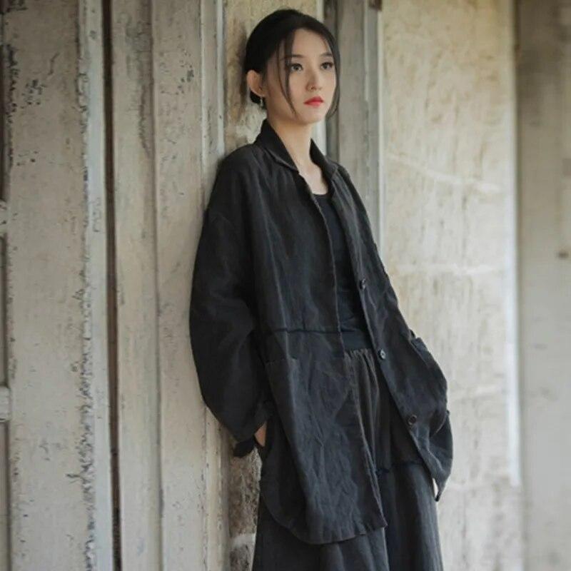 

Johnature женское винтажное льняное пальто с отложным воротником на заказ, однотонное осеннее пальто на пуговицах с длинными рукавами и лоскутными карманами One Size чёрный