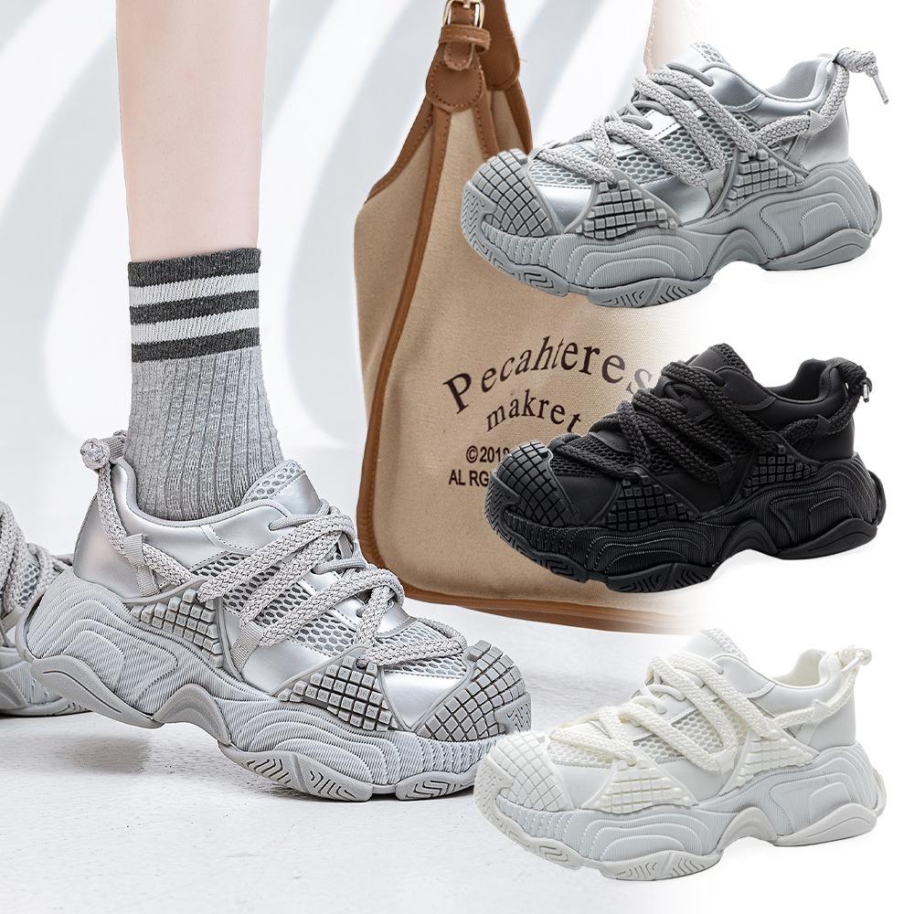 Leather European Station 25 Years Old Early Spring New Mesh Shoes Round Head Mesh Thick Sole Splicing Personalized Casual Dad Shoes Women