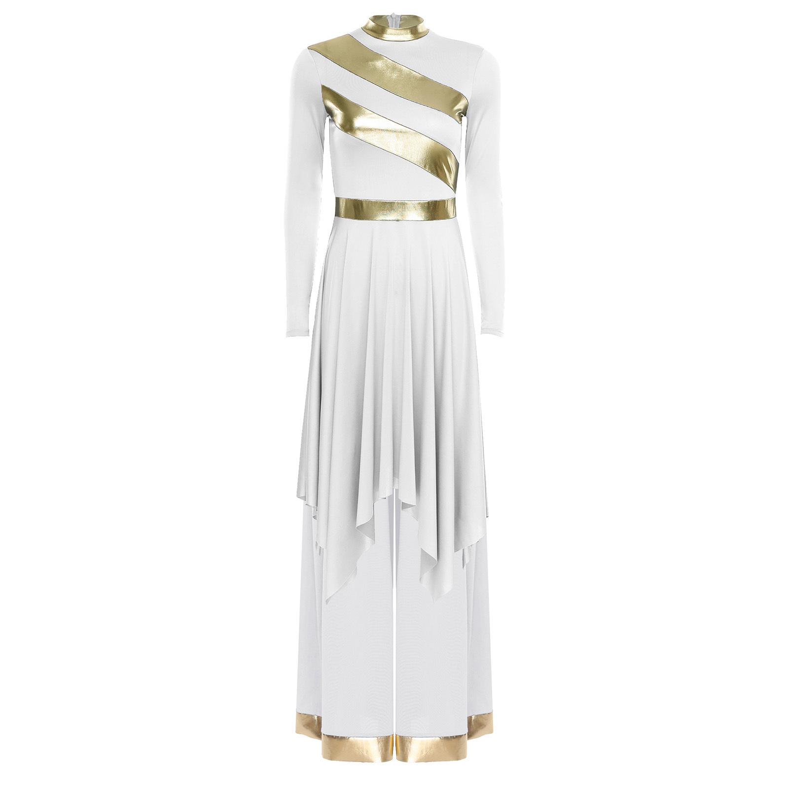 

Womens Praise Dance Outfit Long Sleeve Irregular Hem Tunic Dress Wide Leg Pants 2 Piece Liturgical Costume S білий