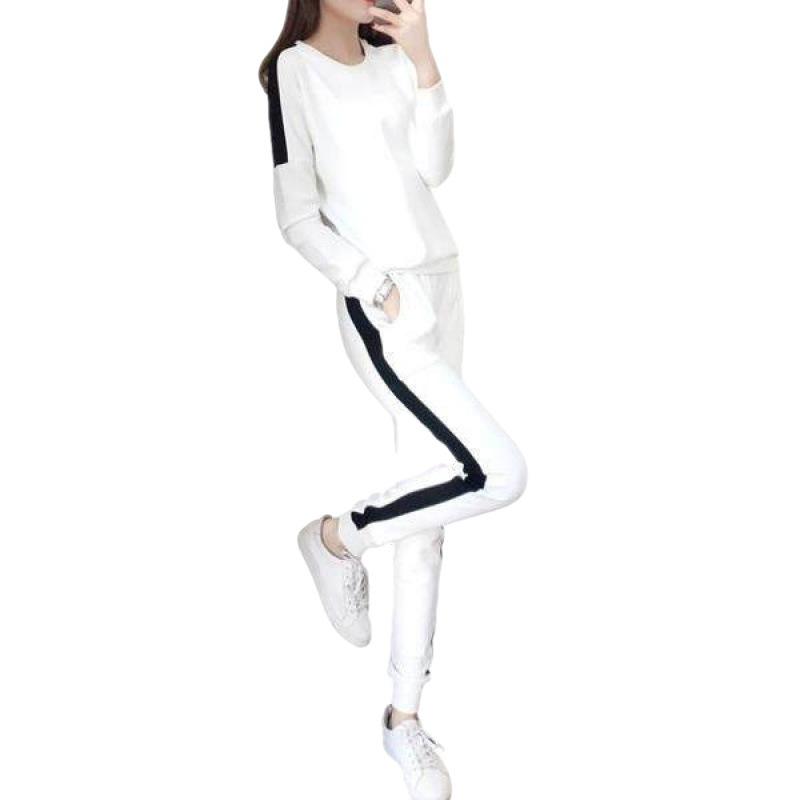 Casual Sports Suit for Women, Spring and Autumn Korean Style Loose Black and White Running Sportswear Sweatshirt Two-piece Set