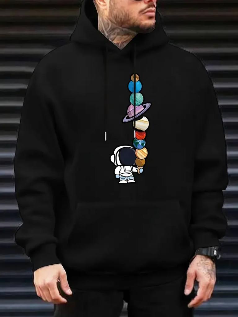 2025 Men's Hooded Sweatshirt Oversized Street Pullover with Astronaut and Planets Geometric Print Autumn and Winter Casual Wear