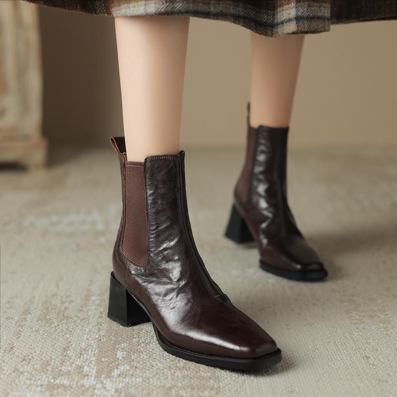 Módní dámské nové podzimní/zimní boty Chelsea s extra velkým lýtkem, z pravé ovčí kůže, s elastickými vysokými podpatky a čtvercovou špičkou