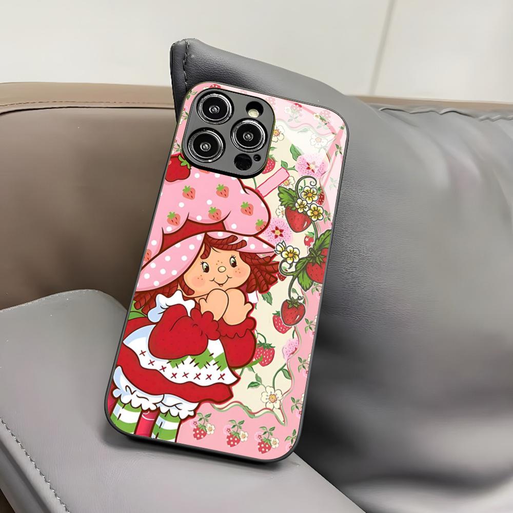 V-Vintage-D-Strawberry Shortcake Phone Case for Iphone 17 Air 16 15 14 12 11 13 Pro Max Mini X Xr Xs Puls Black Glass Cover