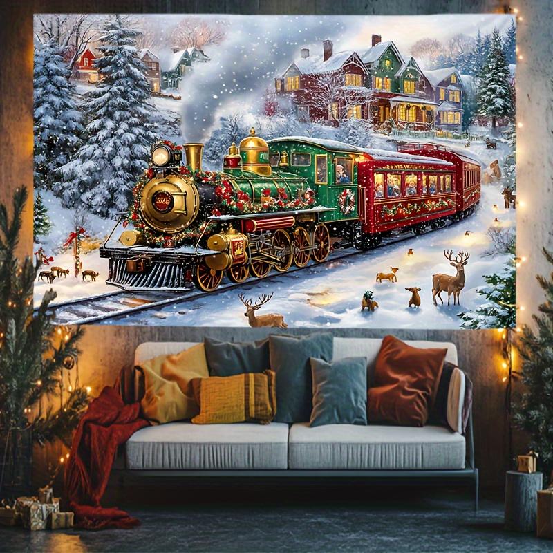 

Glam Christmas Tapestry with Polar Express Train Snow Scene - Polyester Wall Hanging with Santa, Reindeer & Festive Decor, Squar 40x60cm