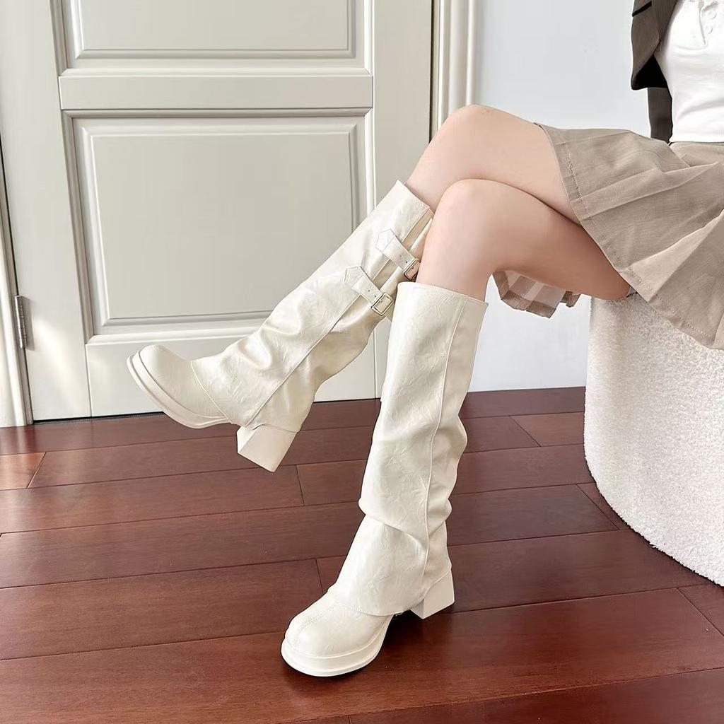 Faltenstiefel Damenstiefel 2025 Herbst und Winter neu erhöhend Hosenstiefel abnehmbarer dicker Absatz dicke Sohle Ritterstiefel