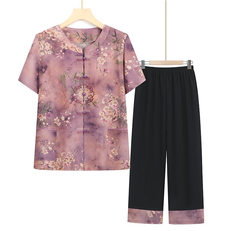 

Summer Short Sleeve Tang Suit for Middle-Aged and Elderly Women 2XL (100-115 jin)