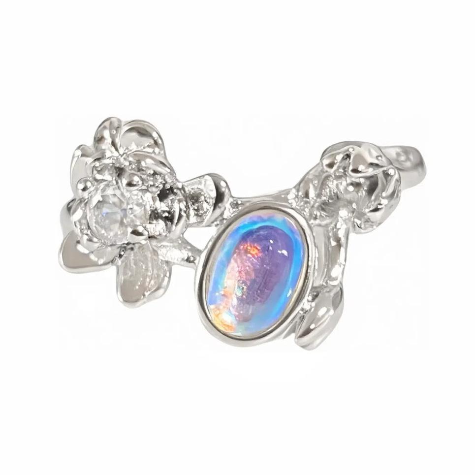 Diamond Sea Blue Moonstone Ring, Female Niche Design, Index Finger Ring, Light Luxury, High-End Personality Ring.