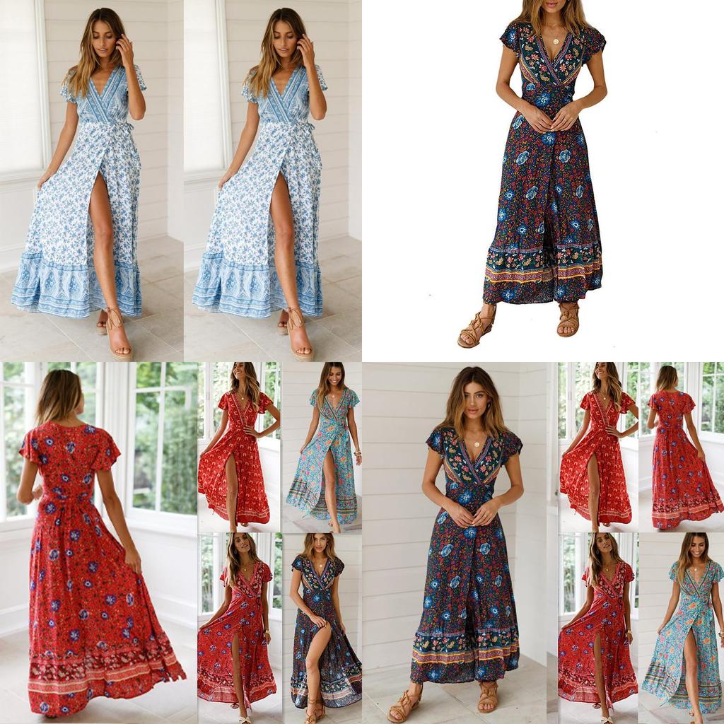 Elegant Women Wrap Summer Boho Floral Short Sleeve Maxi Print Dress For Holidays