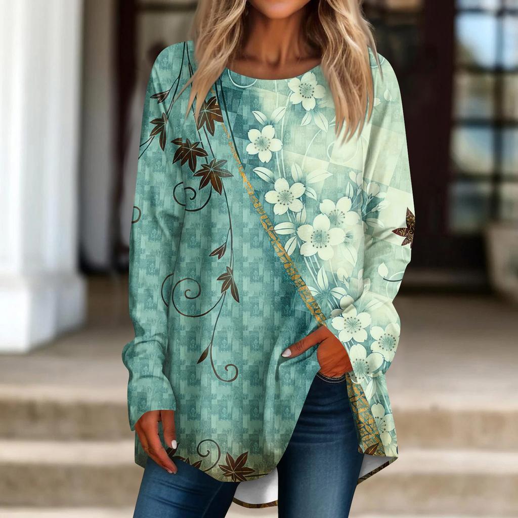 Kvinners uformelle plussstørrelse Langermet rundhals trykt T-skjorte topp genser