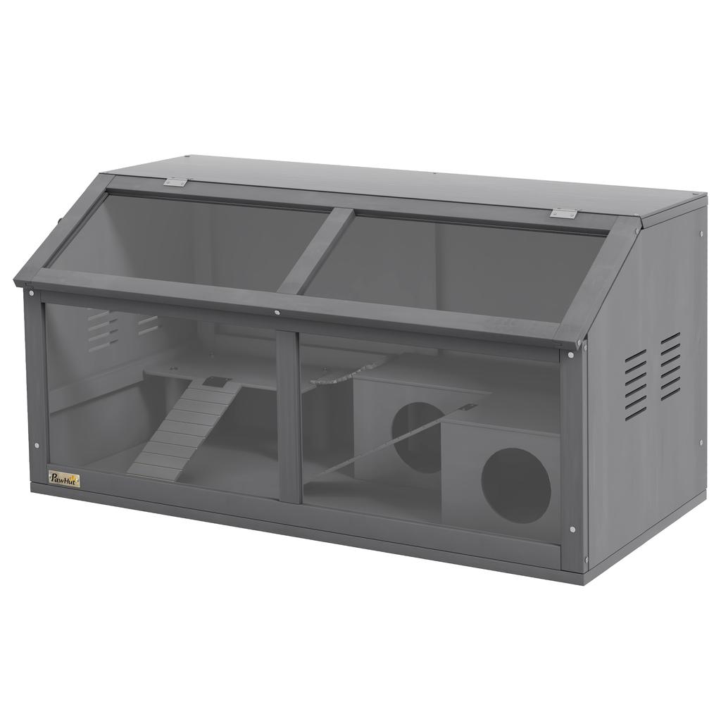 Hamster Cage, Wooden Small Animal Cage for Gerbils, Mice W/ Suspension Bridge, Openable Top, Hut, 85 X 45 X 44cm - Grey